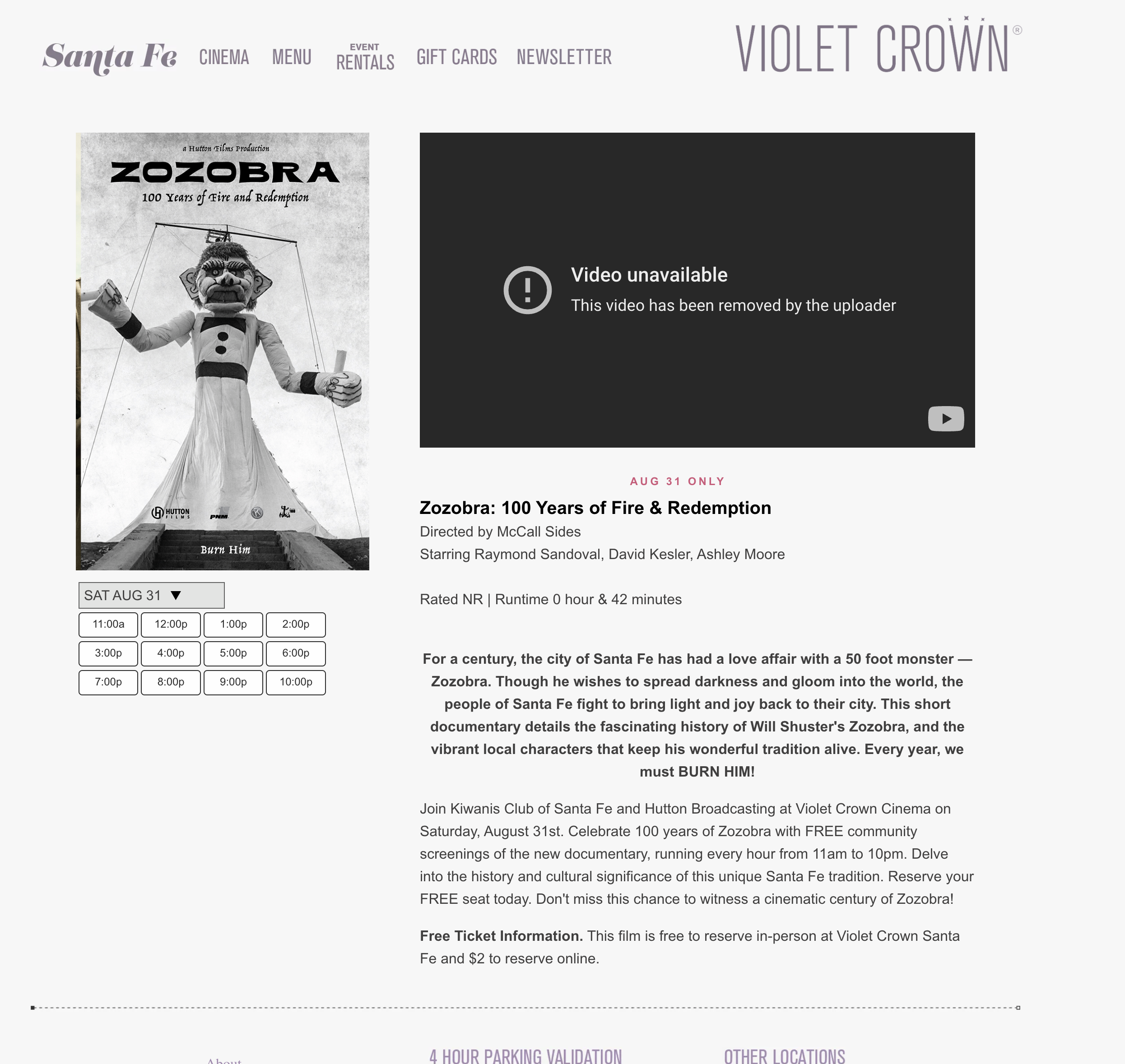 Violet Crown Cinema screening page for Zozobra documentary